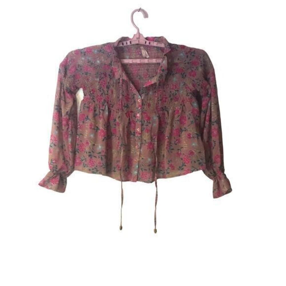 True Destiny Womens 3/4 Sleeve Button up Cropped‎ Shirt Brown Floral Sz Small